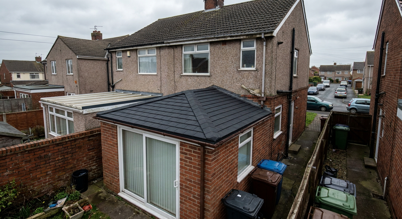 Conservatory with new dark tiled warm roof on a UK semi-detached house