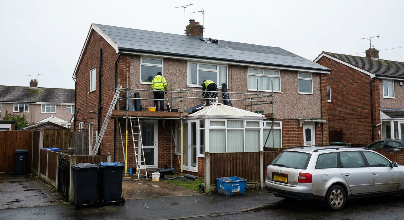 Workers on scaffolding replacing a roof above a conservatory on a semi-detached house