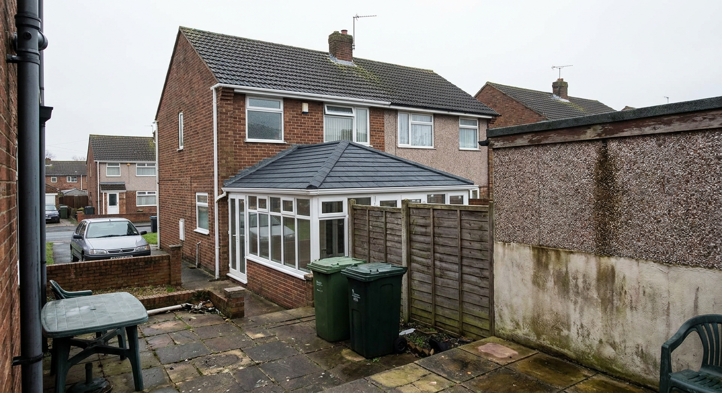 Semi-detached house with new tiled conservatory roof and garden patio