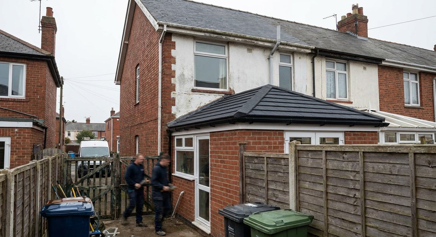 Workers walk past a house with a new tiled conservatory roof and wheelie bins.